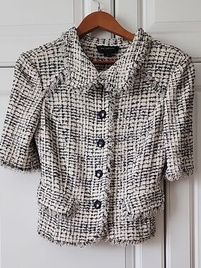 St. John Ivory and Black Tweed Short Sleeve Jacket